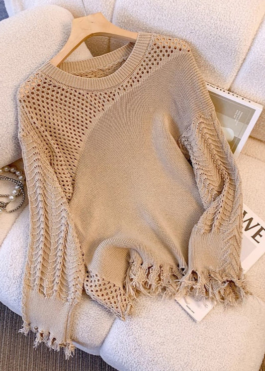 Loose Khaki Tasseled Hollow Out Knit Sweater Fall