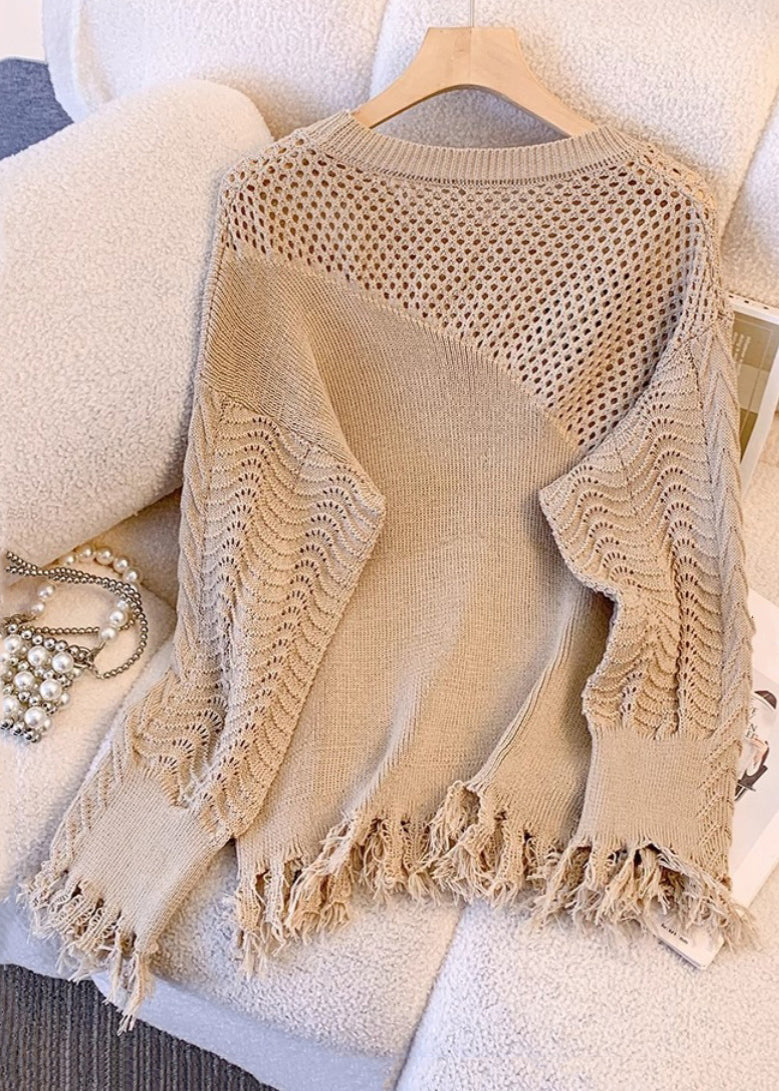 Loose Khaki Tasseled Hollow Out Knit Sweater Fall