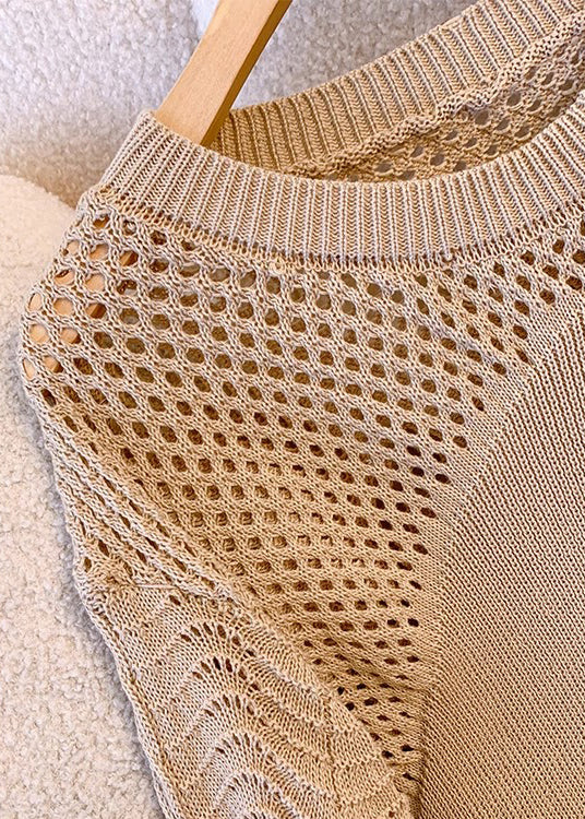 Loose Khaki Tasseled Hollow Out Knit Sweater Fall