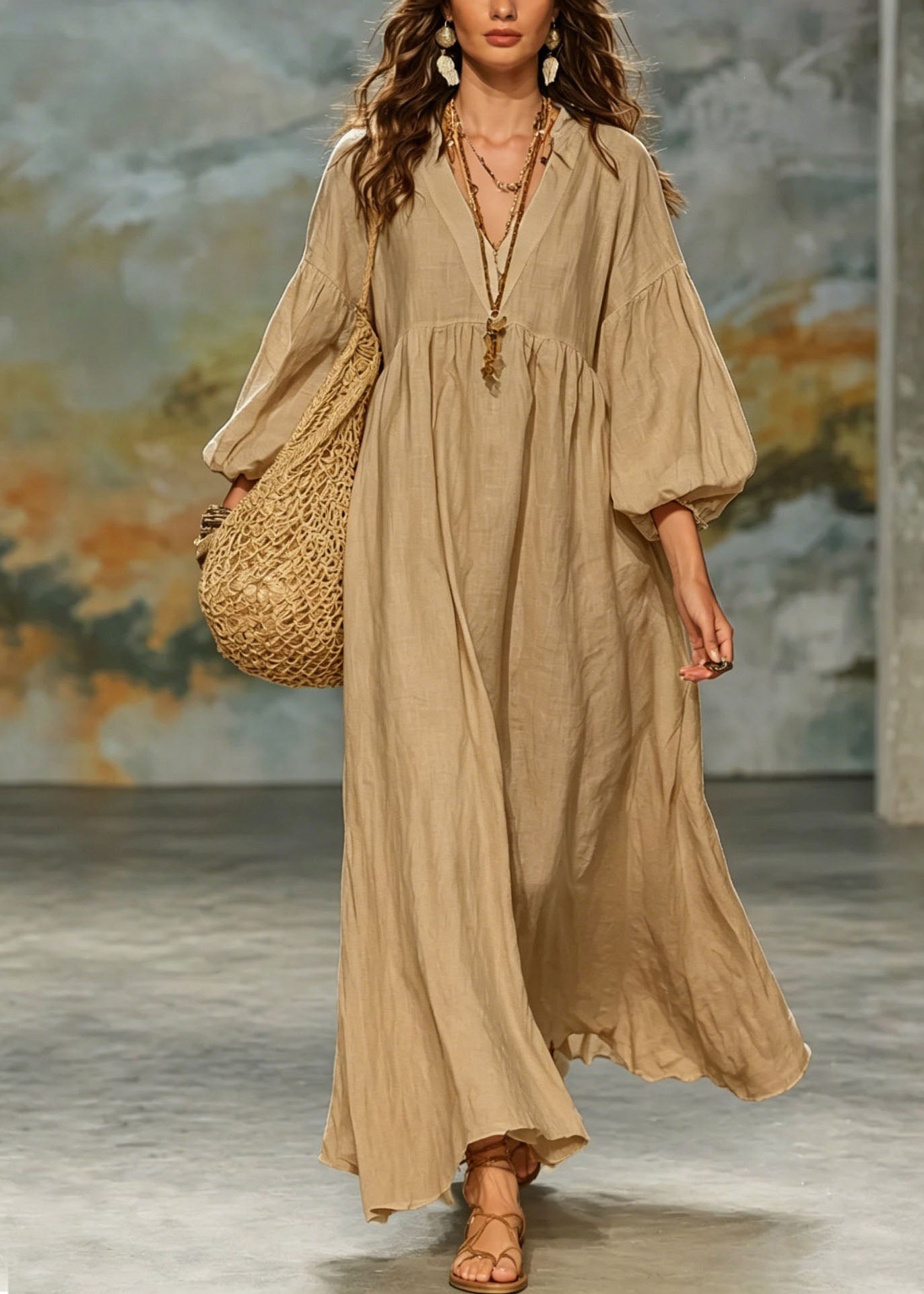 Loose Khaki V Neck Patchwork Cotton Dress Lantern Sleeve