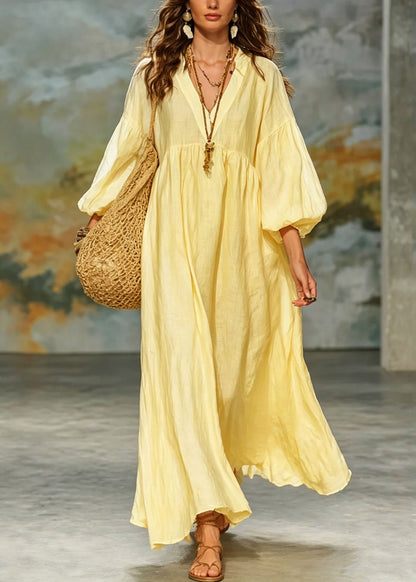 Loose Khaki V Neck Patchwork Cotton Dress Lantern Sleeve