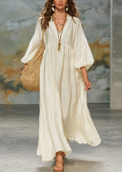 Loose Khaki V Neck Patchwork Cotton Dress Lantern Sleeve
