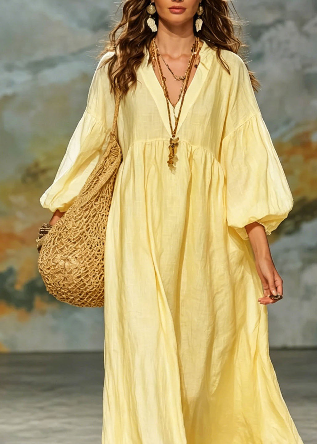 Loose Khaki V Neck Patchwork Cotton Dress Lantern Sleeve