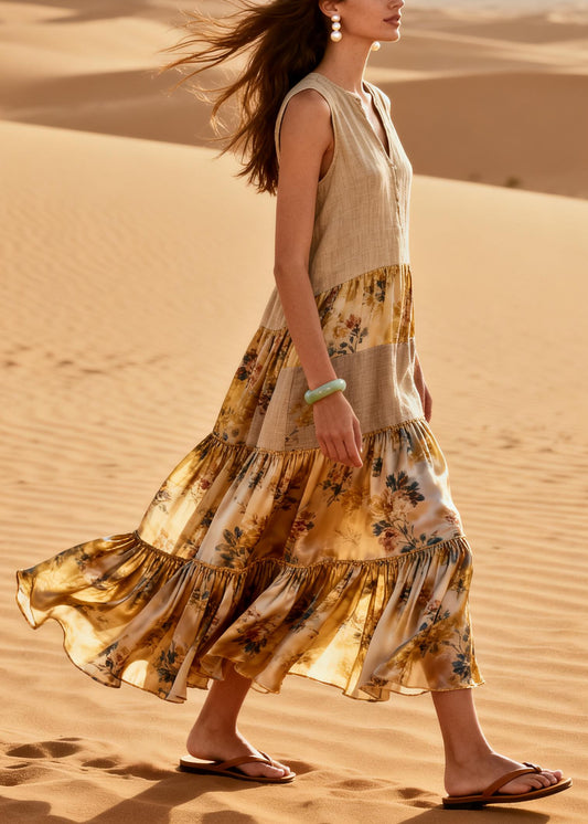 Loose Khaki V Neck Patchwork Linen Silk Maxi Dresses Summer
