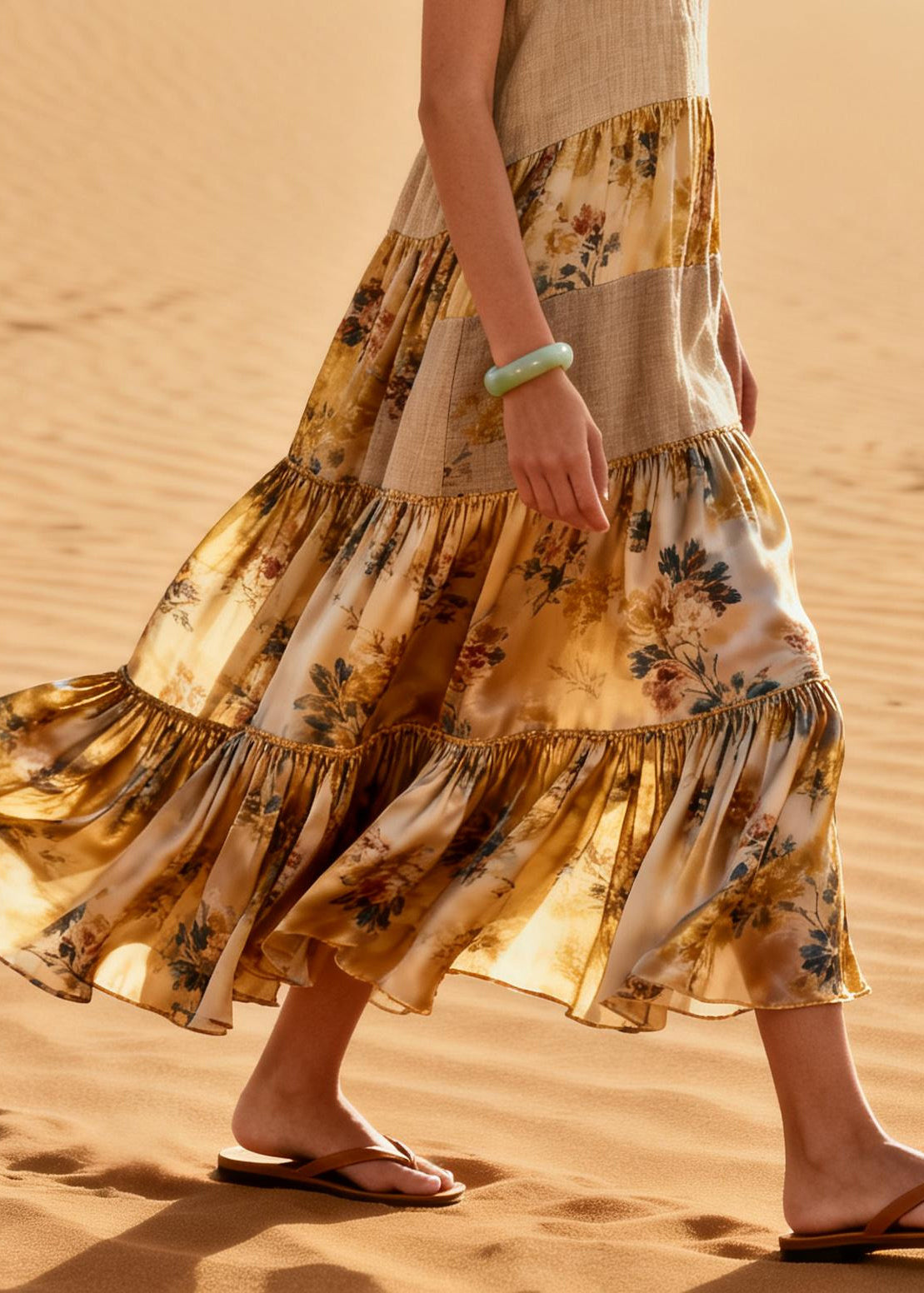 Loose Khaki V Neck Patchwork Linen Silk Maxi Dresses Summer