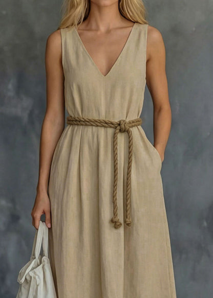 Loose Khaki V Neck Pockets Patchwork Cotton Dress Sleeveless