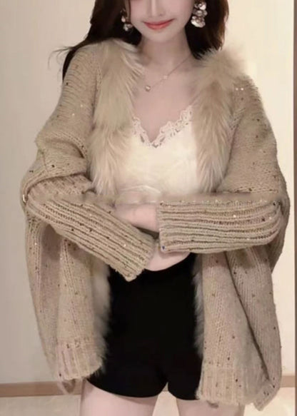 Loose Khaki V Neck Sequins Patchwork Knit Cardigan Batwing Sleeve