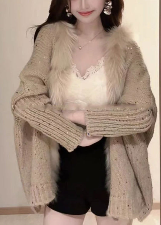 Loose Khaki V Neck Sequins Patchwork Knit Cardigan Batwing Sleeve