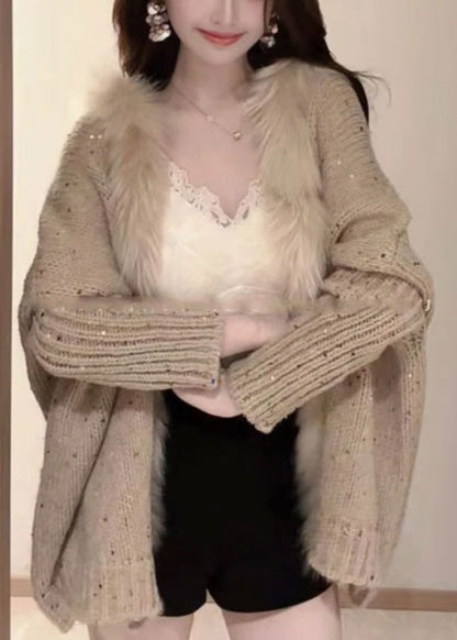 Loose Khaki V Neck Sequins Patchwork Knit Cardigan Batwing Sleeve