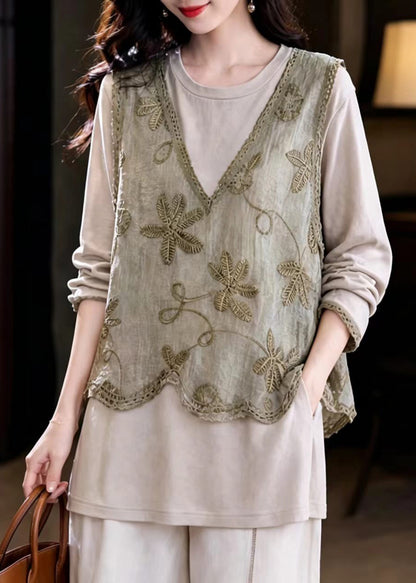Loose Khaki V Neck Waistcoat Patchwork Fake Two-Piece Blouse Top Fall