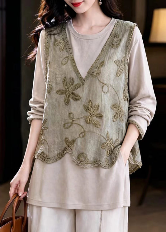 Loose Khaki V Neck Waistcoat Patchwork Fake Two-Piece Blouse Top Fall
