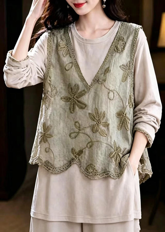 Loose Khaki V Neck Waistcoat Patchwork Fake Two-Piece Blouse Top Fall