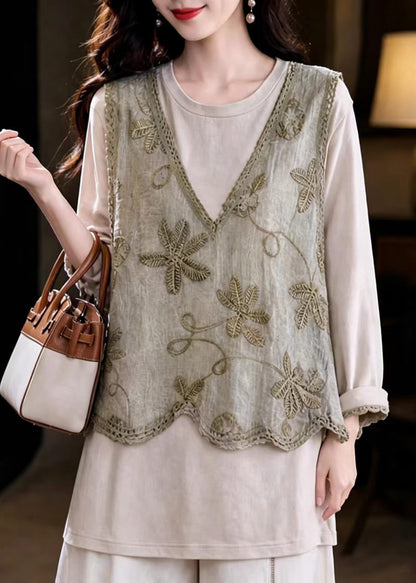 Loose Khaki V Neck Waistcoat Patchwork Fake Two-Piece Blouse Top Fall