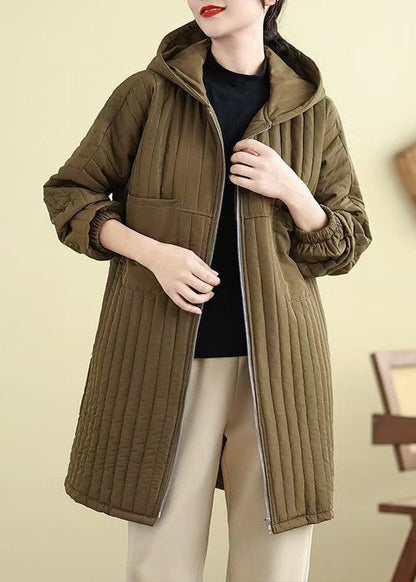 Loose Khaki Zip Up Pockets Hooded Fine Cotton Filled Parka Fall