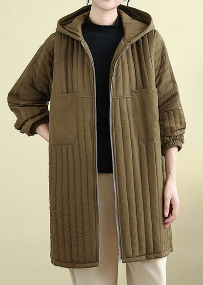 Loose Khaki Zip Up Pockets Hooded Fine Cotton Filled Parka Fall