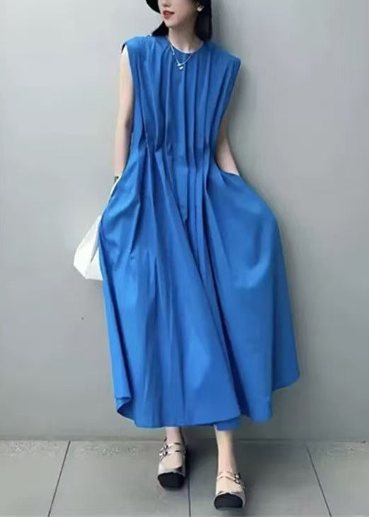 Loose Klein Blue O-Neck Wrinkled Cotton Maxi Dresses Sleeveless