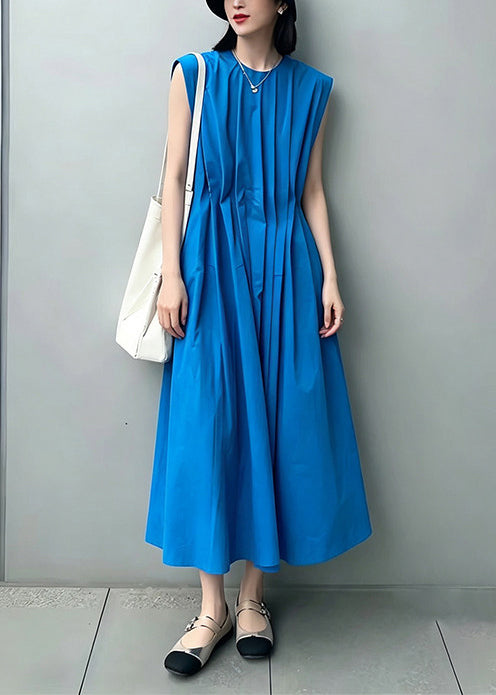Loose Klein Blue O-Neck Wrinkled Cotton Maxi Dresses Sleeveless