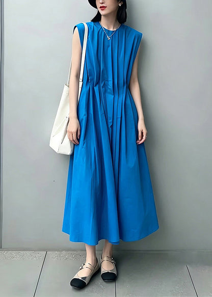 Loose Klein Blue O-Neck Wrinkled Cotton Maxi Dresses Sleeveless