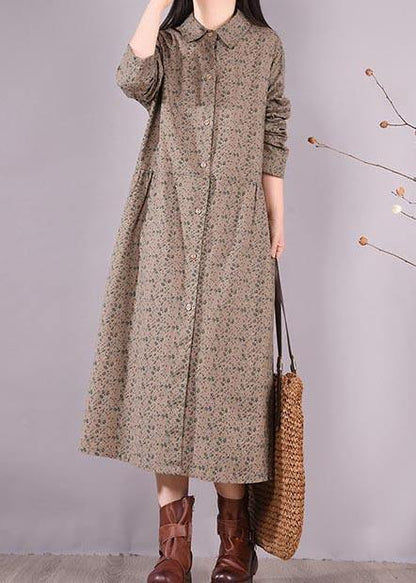Loose Lapel Button Down Spring Dress Women Christmas Gifts Gray Print Blouses - SooLinen