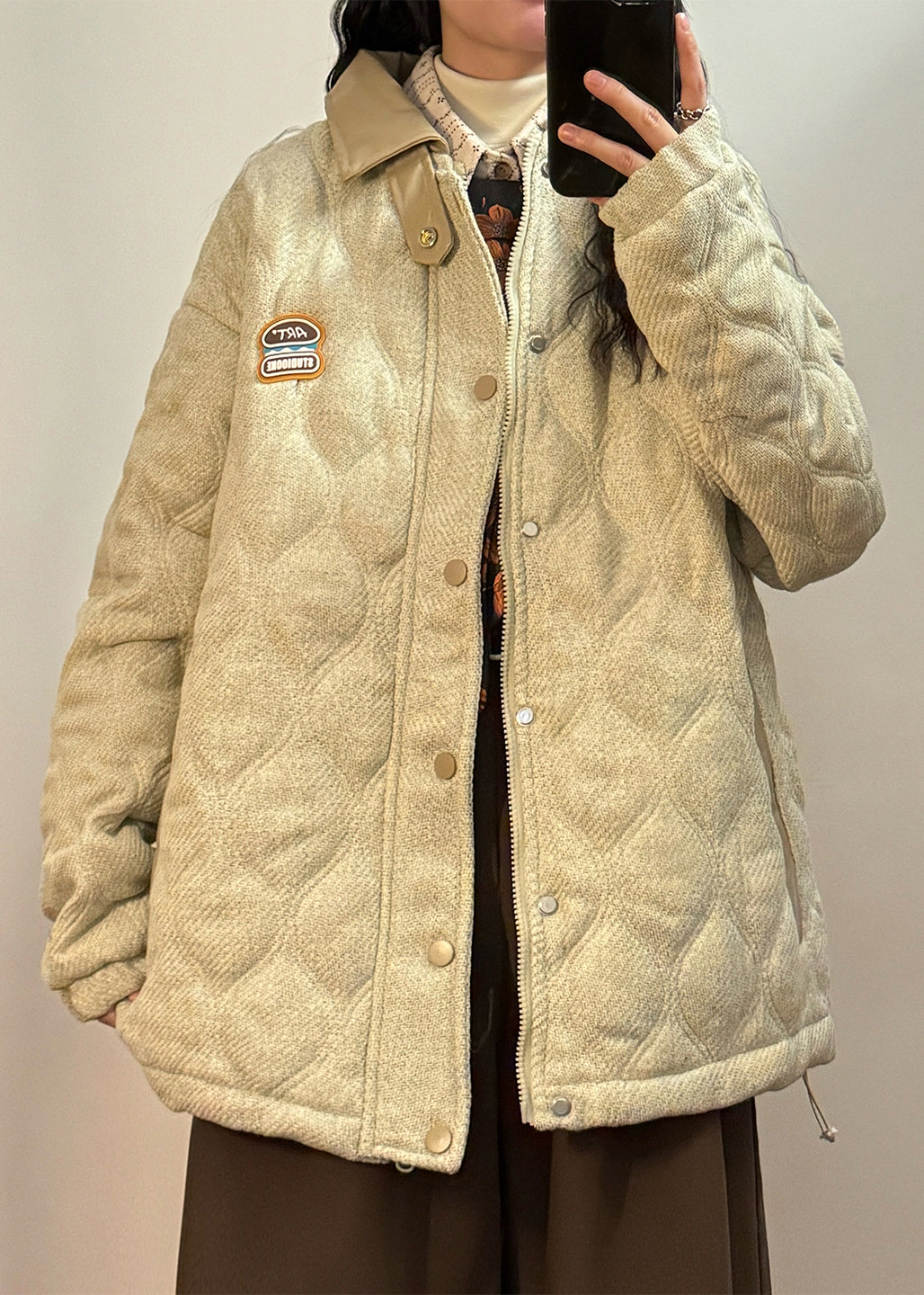 Loose Light Beige Peter Pan Collar Drawstring Faux Leather Patchwork Coat Winter