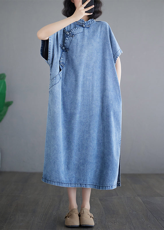 Loose Light Blue Stand Collar Denim Maxi Dresses Short Sleeve
