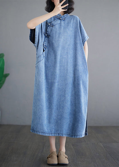 Loose Light Blue Stand Collar Denim Maxi Dresses Short Sleeve