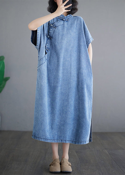 Loose Light Blue Stand Collar Denim Maxi Dresses Short Sleeve