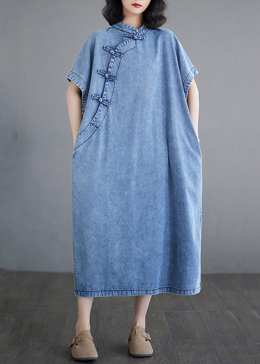 Loose Light Blue Stand Collar Denim Maxi Dresses Short Sleeve