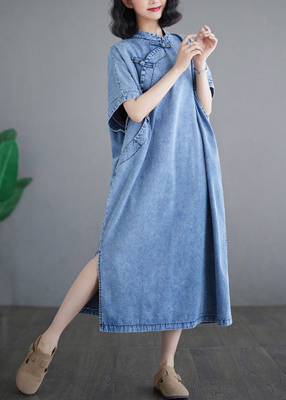 Loose Light Blue Stand Collar Denim Maxi Dresses Short Sleeve