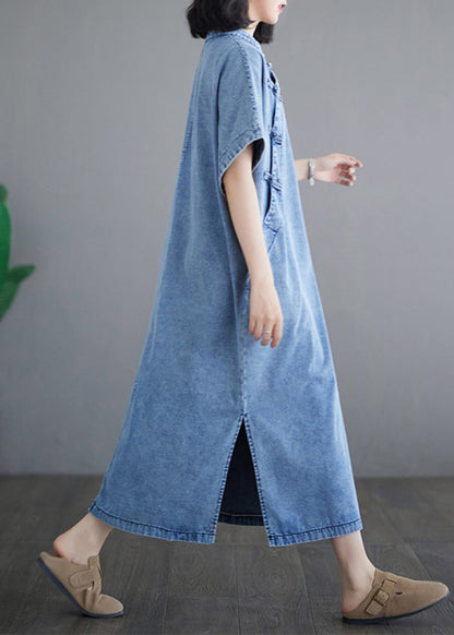 Loose Light Blue Stand Collar Denim Maxi Dresses Short Sleeve