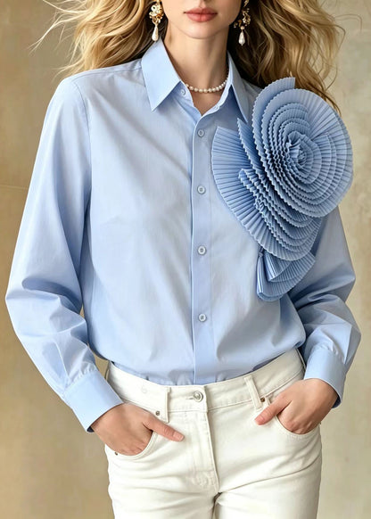 Loose Light Blue Turn-Down Collar Stereoscopic Large Floral Shirt Long sleeve