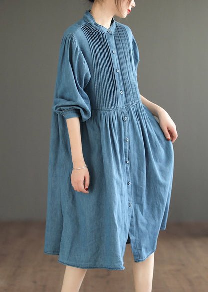 Loose Light Blue Wrinkled Button Denim Shirt Dress Spring