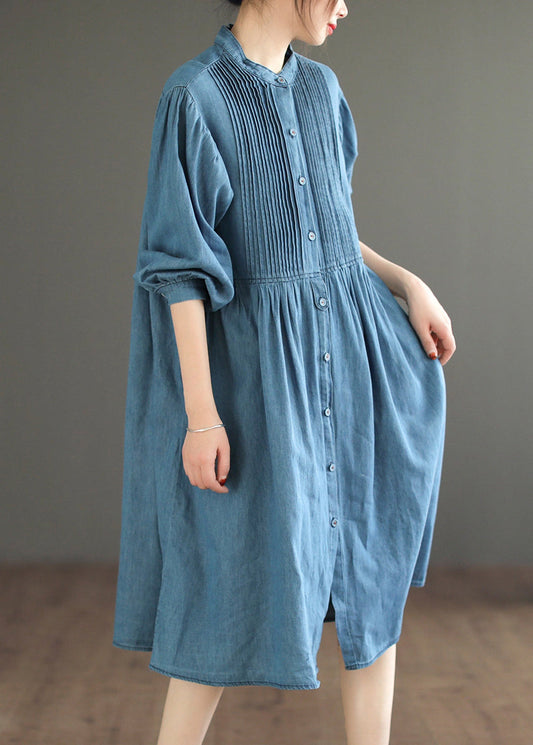 Loose Light Blue Wrinkled Button Denim Shirt Dress Spring