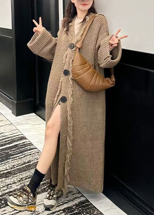 Loose Light Brown V Neck Button Tasseled Knit Long Coat Winter