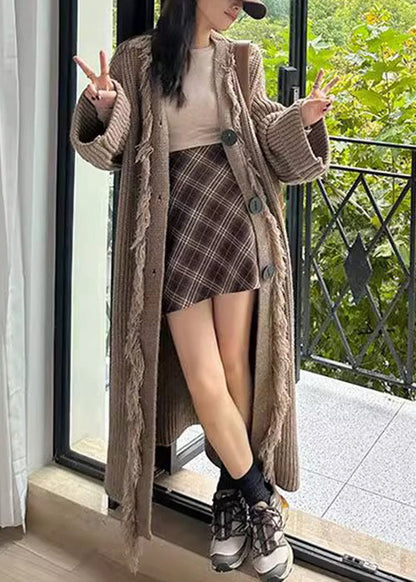 Loose Light Brown V Neck Button Tasseled Knit Long Coat Winter
