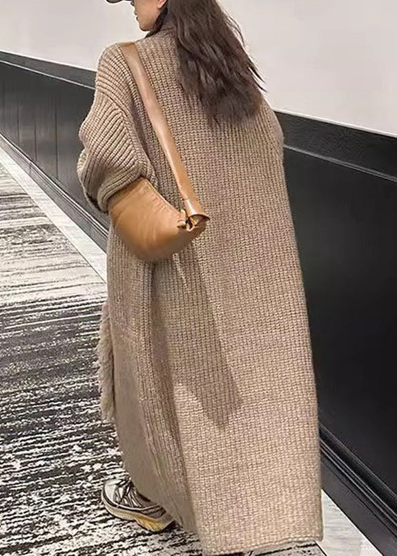Loose Light Brown V Neck Button Tasseled Knit Long Coat Winter