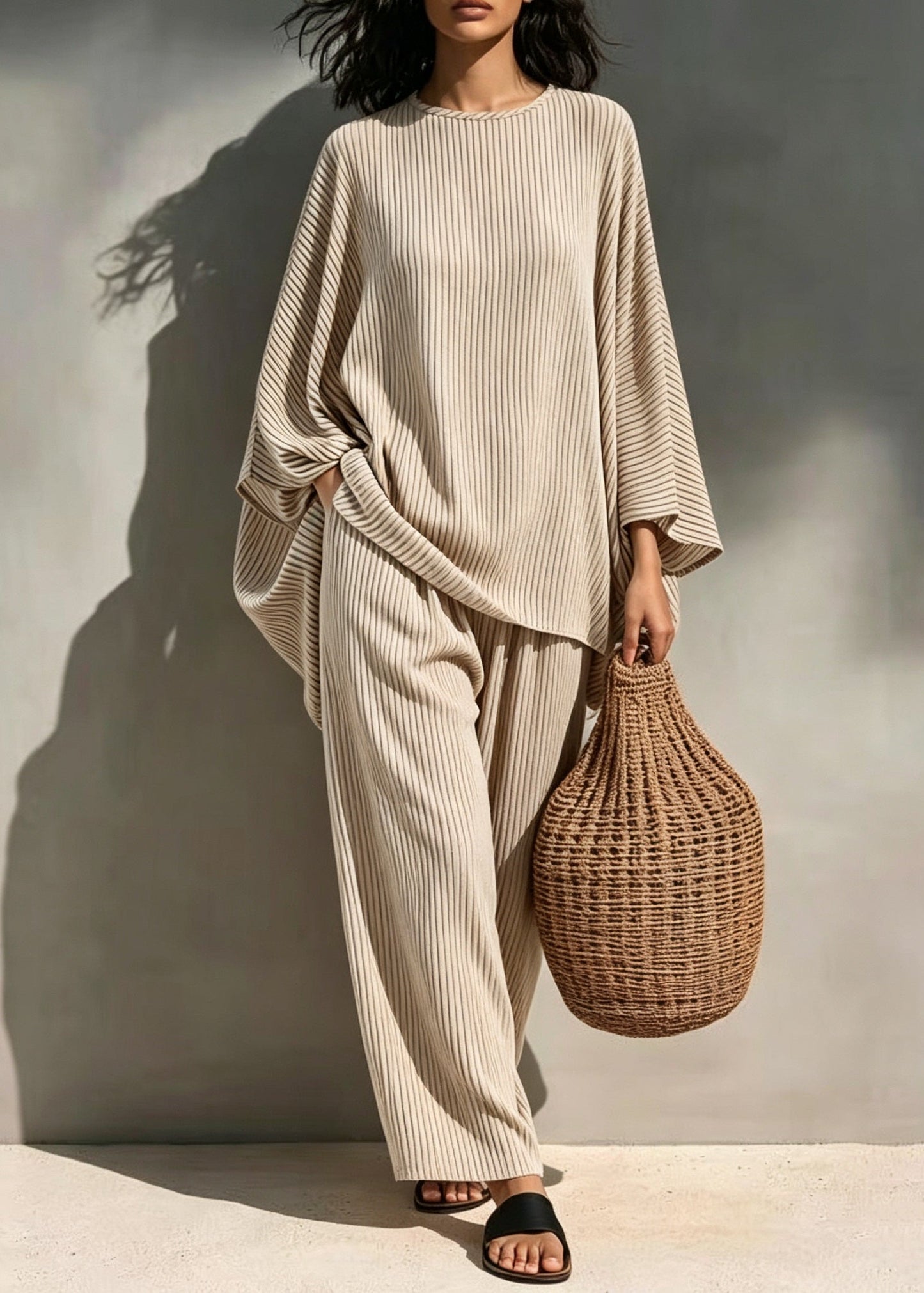 Loose Light Coffee O Neck Striped Cotton Pajamas Two Pieces Set Summer