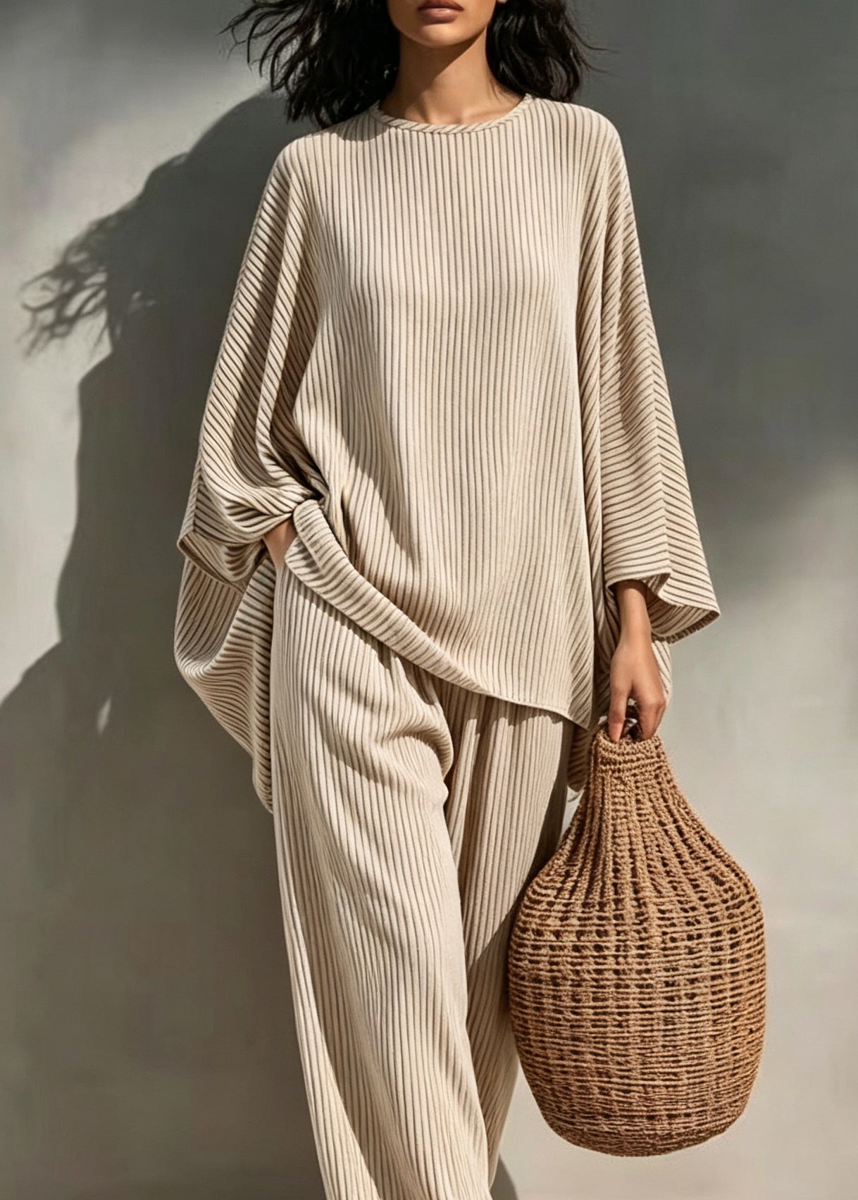 Loose Light Coffee O Neck Striped Cotton Pajamas Two Pieces Set Summer