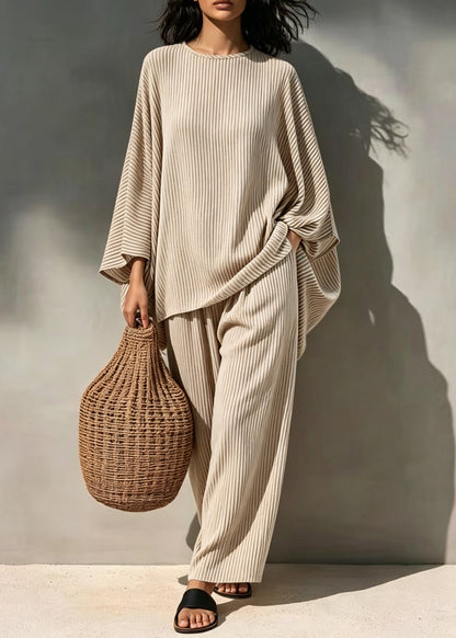 Loose Light Coffee O Neck Striped Cotton Pajamas Two Pieces Set Summer