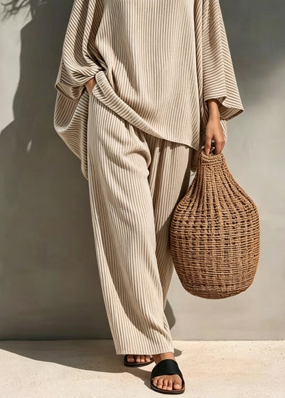 Loose Light Coffee O Neck Striped Cotton Pajamas Two Pieces Set Summer