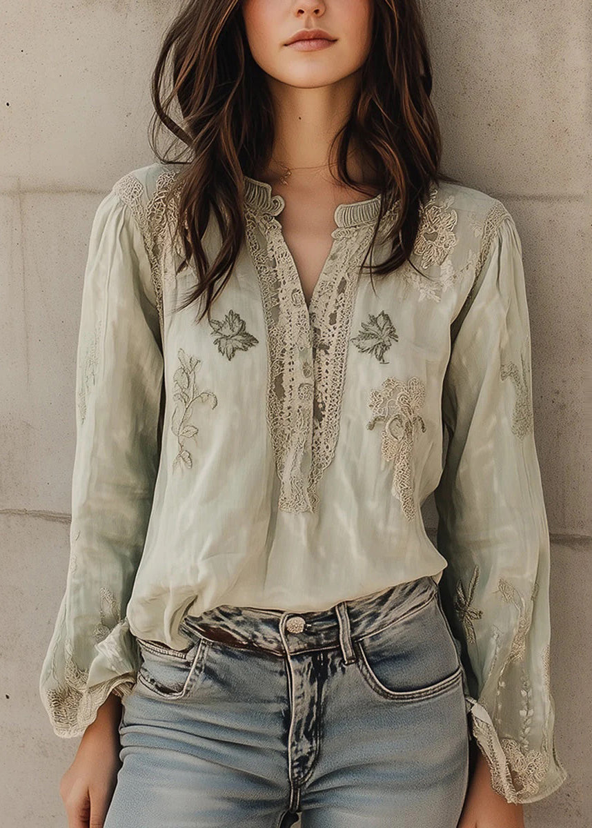 Loose Light Green Embroidered Patchwork Cotton Blouses Fall
