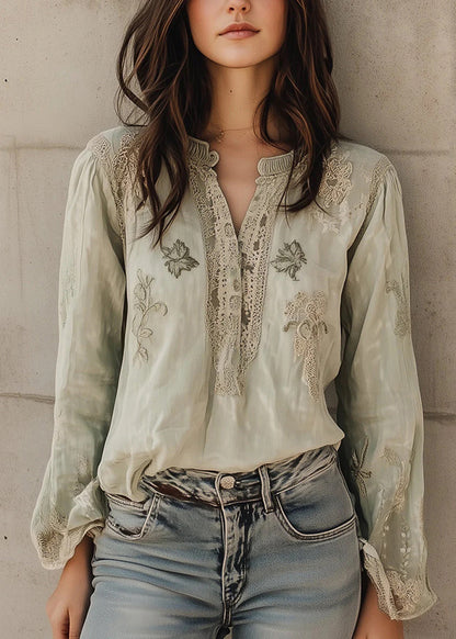 Loose Light Green Embroidered Patchwork Cotton Blouses Fall
