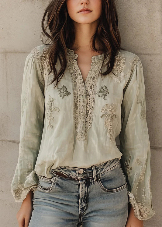 Loose Light Green Embroidered Patchwork Cotton Blouses Fall