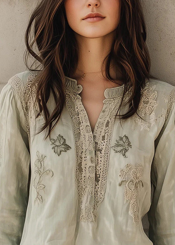 Loose Light Green Embroidered Patchwork Cotton Blouses Fall