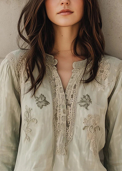 Loose Light Green Embroidered Patchwork Cotton Blouses Fall