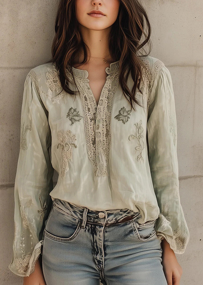 Loose Light Green Embroidered Patchwork Cotton Blouses Fall