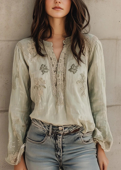 Loose Light Green Embroidered Patchwork Cotton Blouses Fall