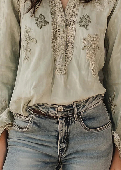 Loose Light Green Embroidered Patchwork Cotton Blouses Fall