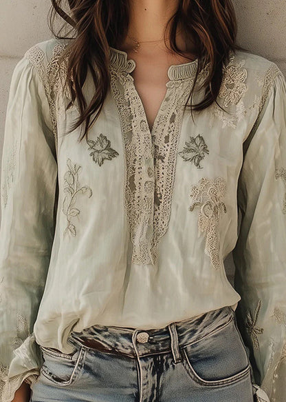Loose Light Green Embroidered Patchwork Cotton Blouses Fall