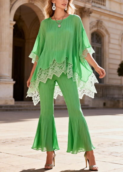 Loose Light Green Low High Design Lace Patchwork Two Piece Set Half Sleeve